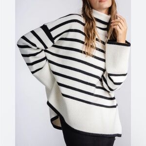 White & Black Striped Turtleneck Trapeze Sweater
